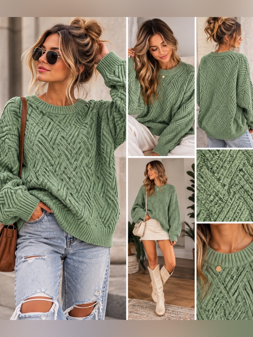 Aelfric Eden Sage Green Geometric Cable Knit Oversized Sweater L